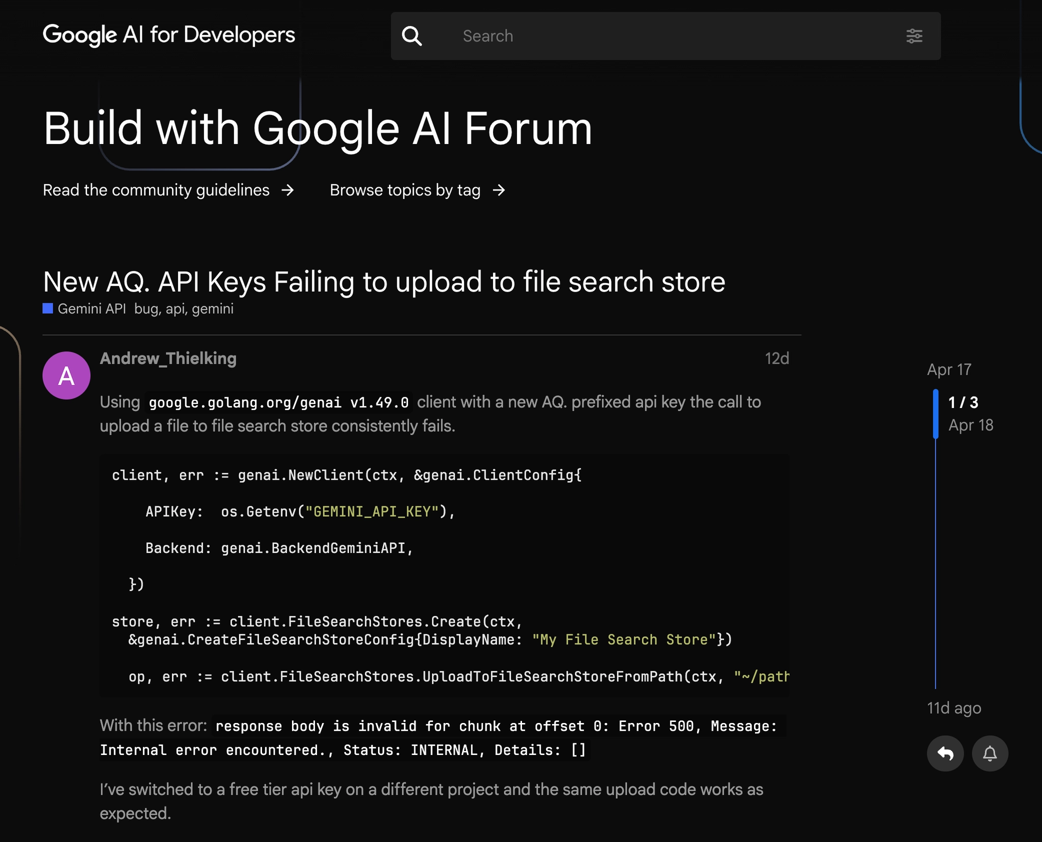 Google AI Forum의 AQ prefix API Key로 File Search Store 업로드가 실패하는 이슈 글 화면