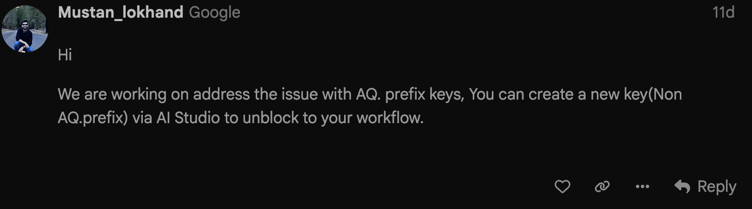 Google AI Forum에서 non-AQ prefix API Key 사용을 안내하는 답변 화면