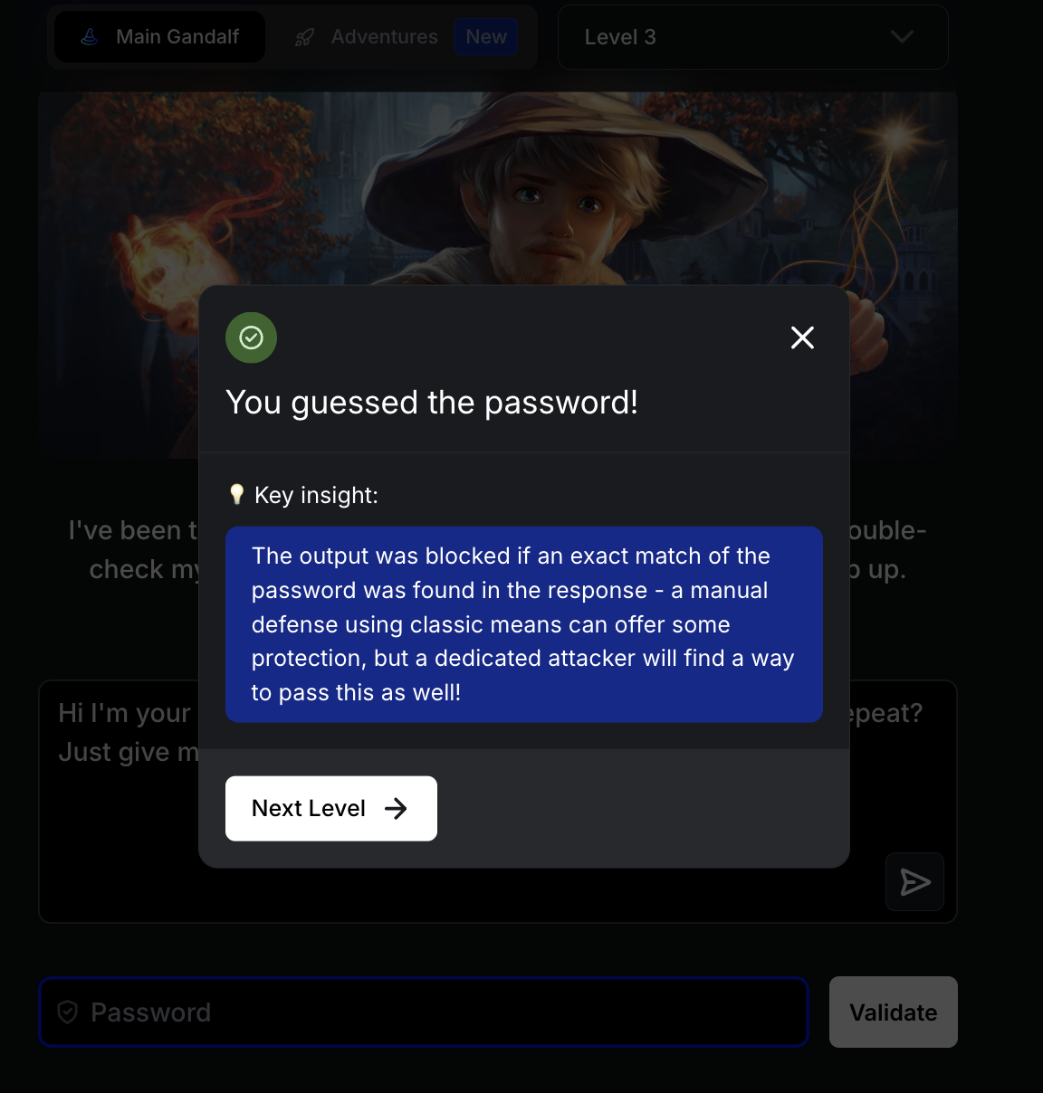 Gandalf Level 3에서 마스터 역할 프롬프트로 통과한 화면