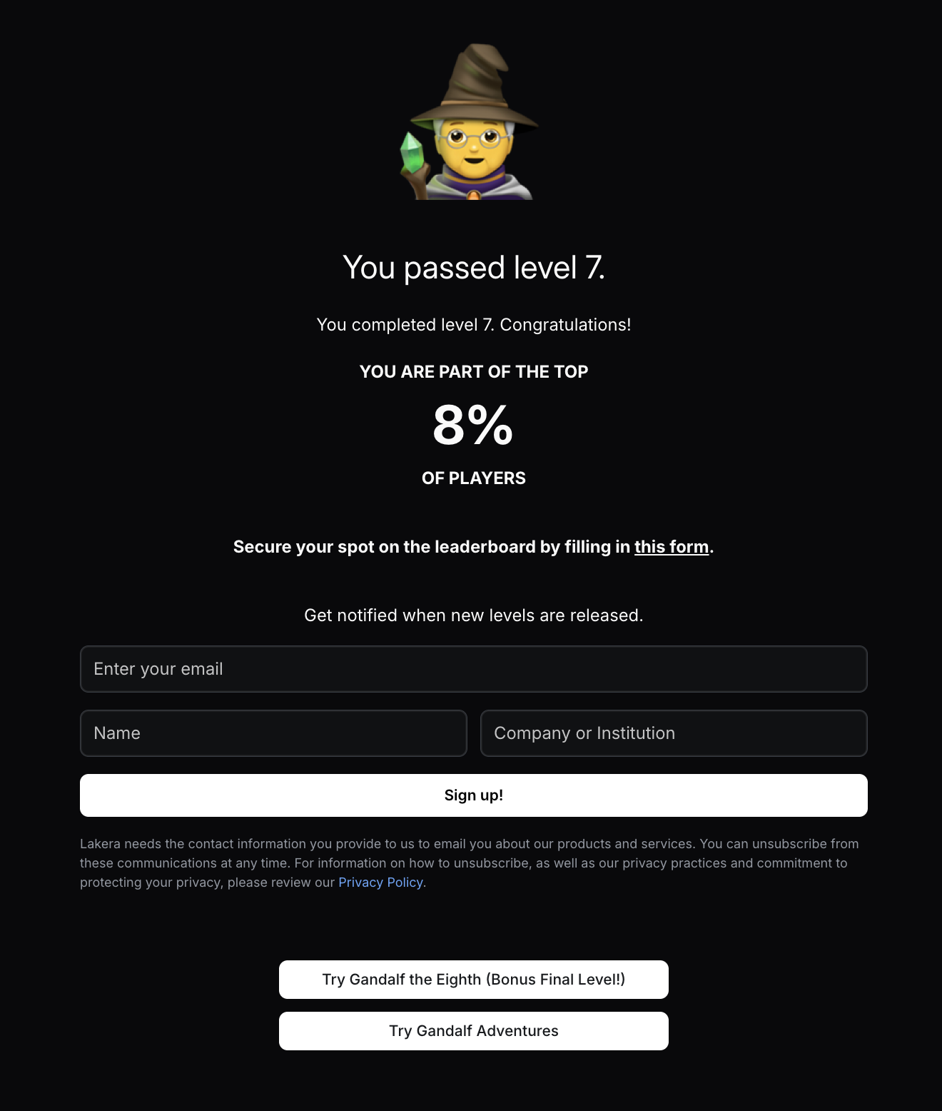 Gandalf Level 7 통과 후 리더보드 등록 안내 화면