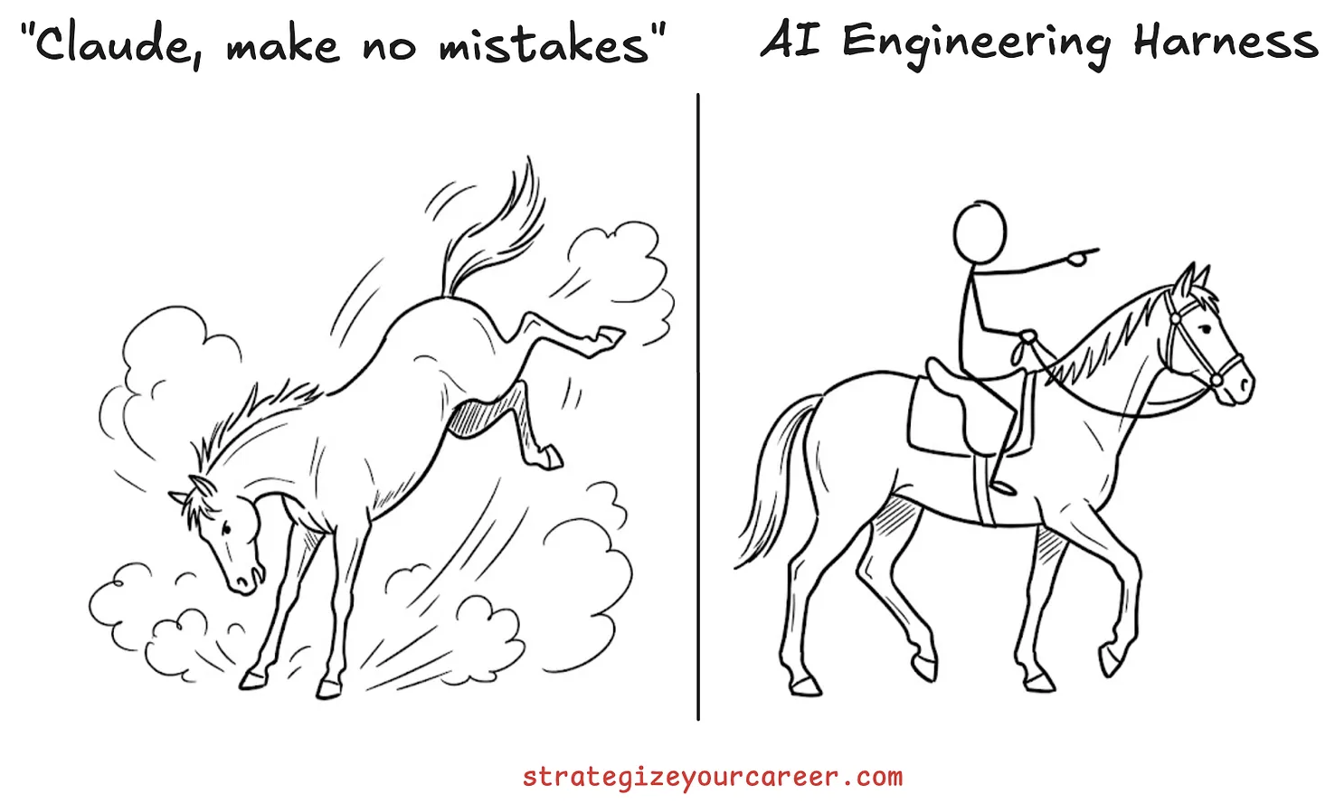 AI Engineering Harness의 개념을 말과 안장 비유로 설명한 그림